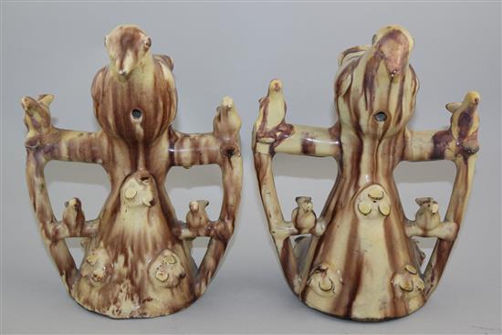 Two Yorkshire glazed red pottery figural bird whistles, second half 19th century, 25cm, restorations